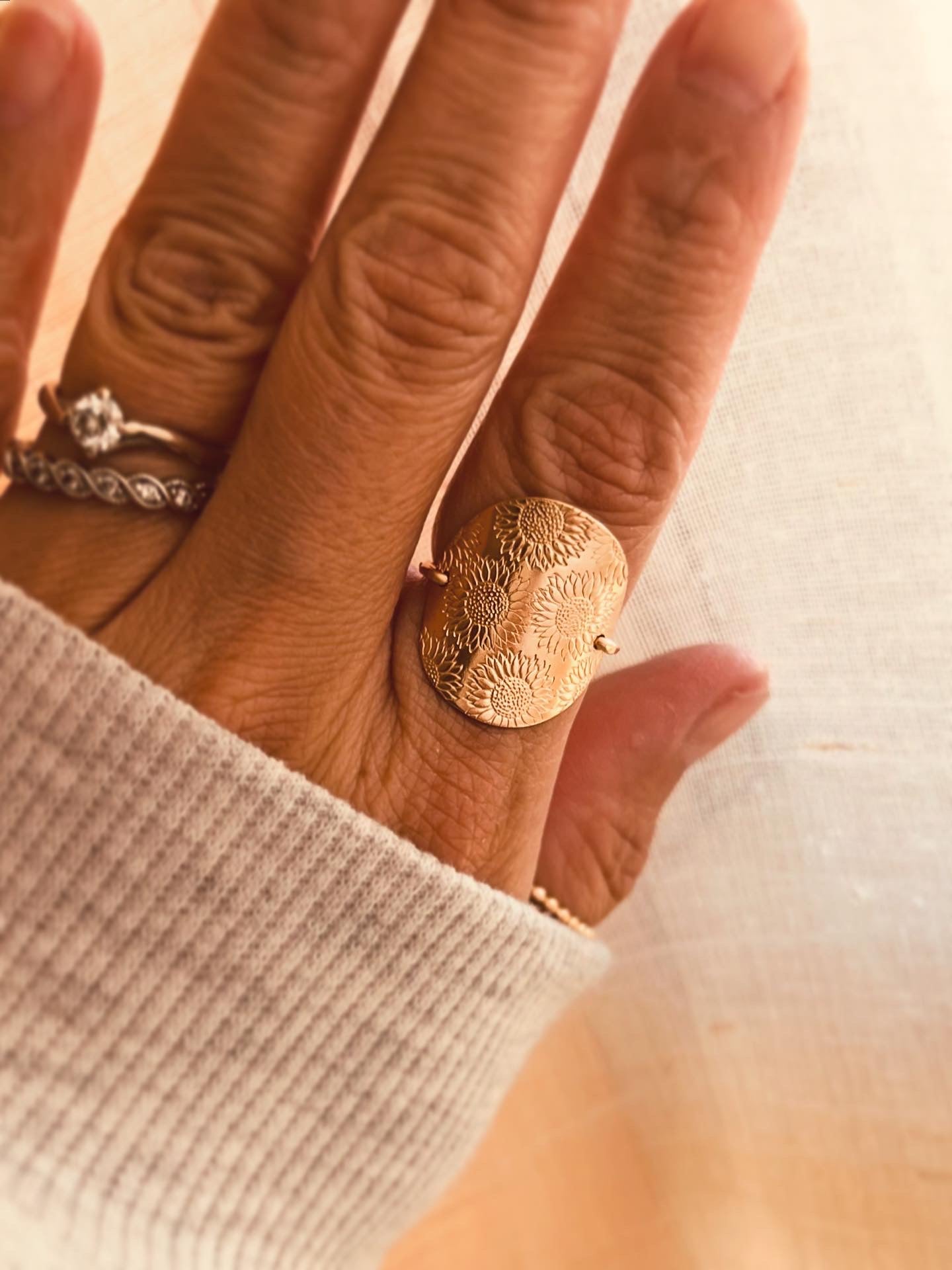 Sunflower Ring, hammered jewelry, gold filled rings, gift for her