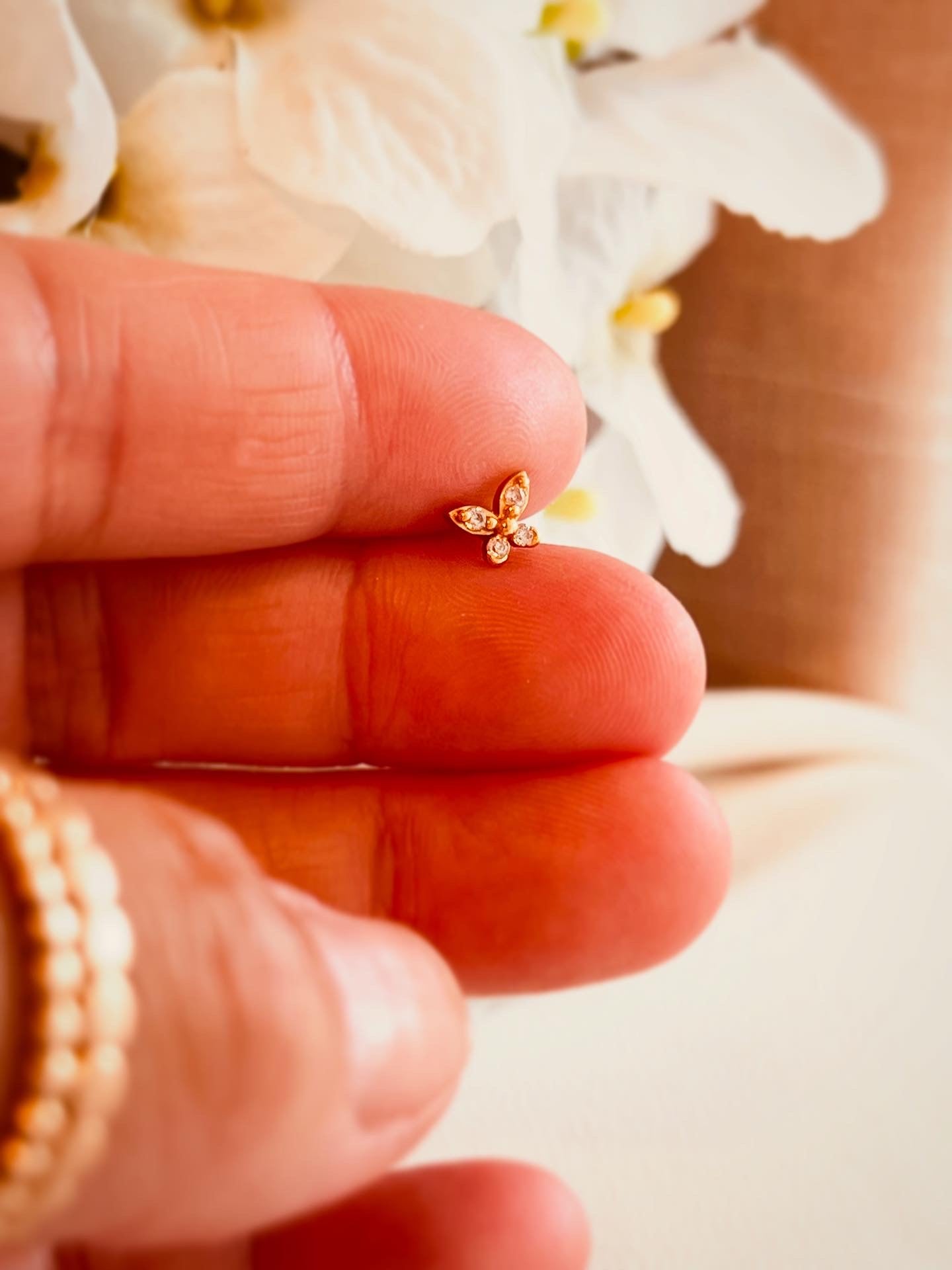 Butterfly Stud Earring, Designed with a comfy screw-on ball back, they’re perfect for 24/7 wear — sleep, shower, gym, mountain adventures… always shining, always with you.