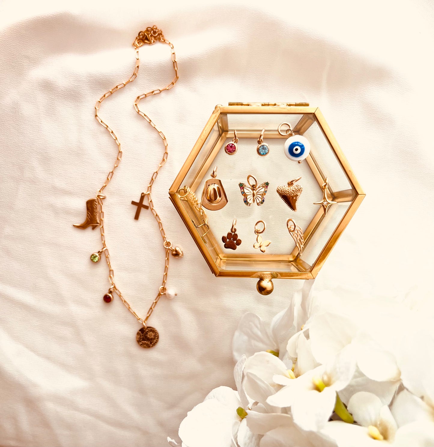 Coco Wagner design jewelry, Customize jewelry, Stories Charm Necklace, personalized jewelry, charms, minimalist jewelry, dainty jewelry, layers jewelry, birth flower, cross, cowgirl boot charm, paw, pearl jewelry, birthstone, jewelry, Christmas gift, thanksgiving gifts, holidays gift for her, birthday present, custom jewelry, gift ideas