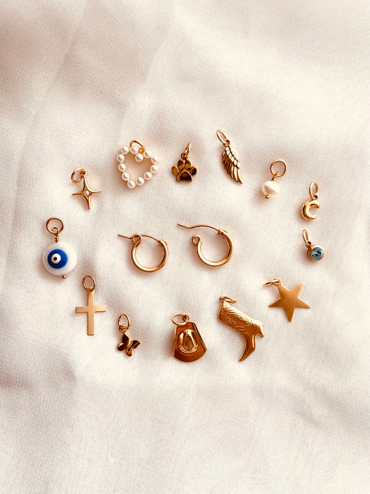Mix and Match Collection, charm, Charm Hoop Earrings – Build Your Pair earrings, charm earrings, Gold earrings, star earrings, cowgirl boot earrings, cowboy hat earrings, letter earrings, wing earrings, paw earrings, Minimalist, Custom Jewelry, Dangle & Drop Earrings, Drop Earrings, Birthday Gifts, Christmas gifts, gift for her, gifts for girlfriend, gift for daughter