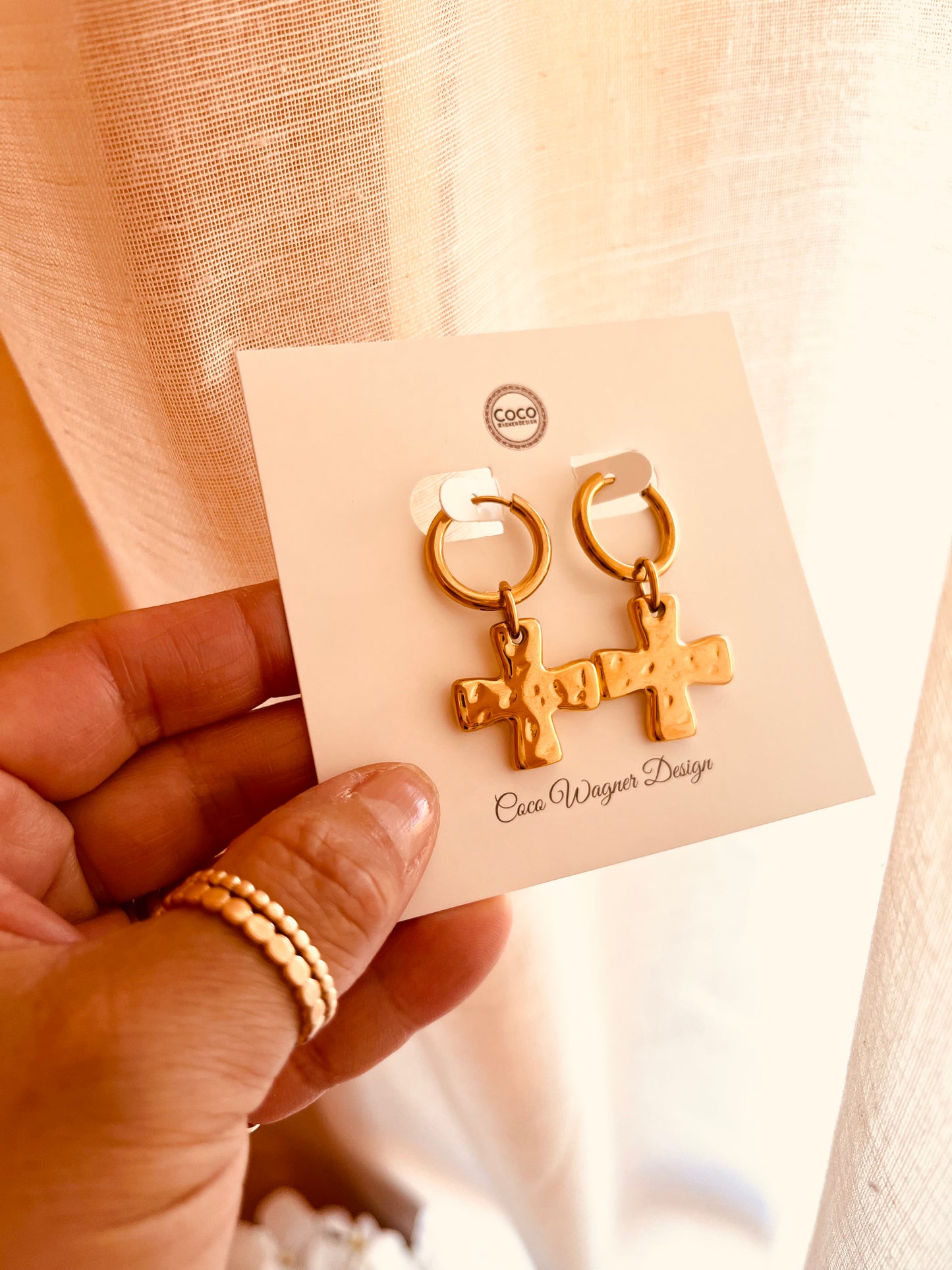 Cross Drop Hoop Earrings | Waterproof Gold Hoop Earrings | Christian Jewelry