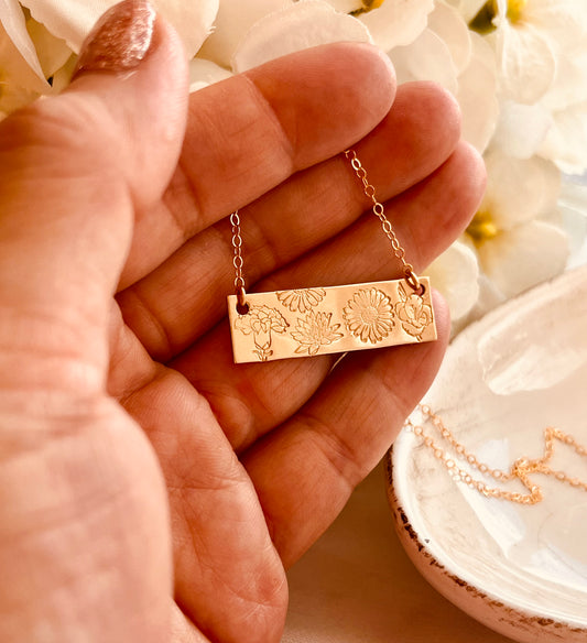 Birth Flower Bar Necklace, Flower Bar necklace, Everyday Wear, Birth Month Necklace, Birthday Gift, Bridal Gifts, New Mom Gift, Gift For Her, 14k gold filled Necklace, Family Flowers Necklace, Mothers Day Gift, Birthday Gifts, Gift For Sister, Gift For mom, Gift for gramma,  Minimalist, Hand Stamped Jewelry, Everyday Jewelry, Layering Jewelry, Mother and Daughter, Grandmother's Jewelry,