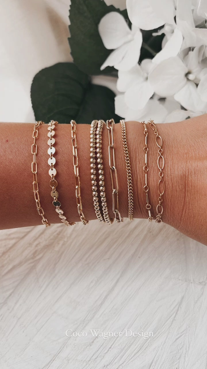 Minimalist Bracelet, Chain and Link Bracelet, 14K Gold Filled Bracelet, Stack Bracelet, Cuban Chain, Paperclip Chain, Gold Link bracelet, Coco Wagner Design, Coin Bracelet, Mother’s gift ideas, Coin Link Bracelet, 14k gold filled jewelry, everyday jewelry, disc bracelet, bracelet stacking, stacking bracelets, gifts, gift for her, Christmas gifts, thanksgiving gifts, birthday present, gold bracelets, gift ideas, handmade jewelry