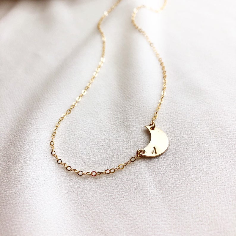 Moon initial necklace, Moon necklace, Initial necklace, moon jewelry, holidays gift, gift for her, valentines gifts, birthday present, birthday gift, Mother’s gift, Christmas gift, holidays gift