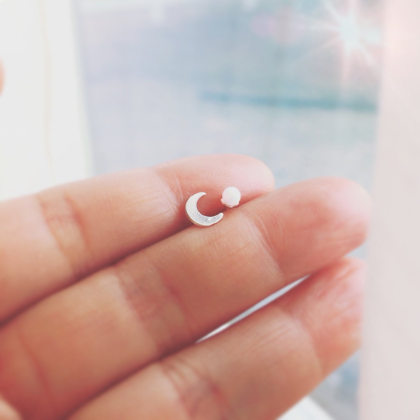 Moon and Opal Stud Earrings