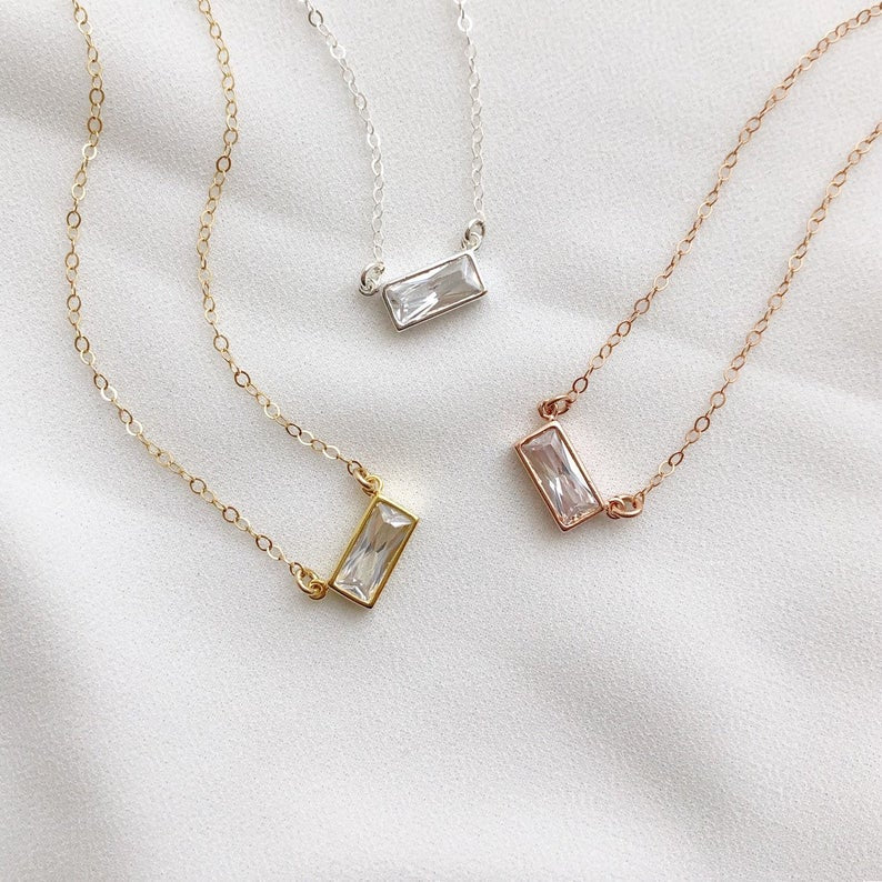 Emerald Cut Diamond Necklace, Gift for her, 16"+ 1" Extender