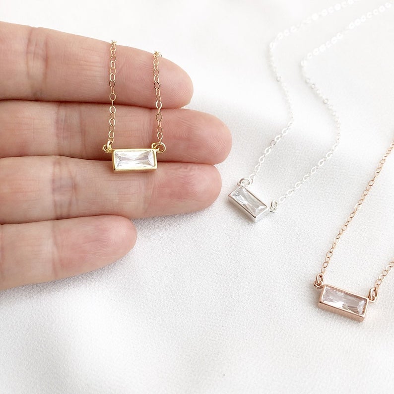 Emerald Cut Diamond Necklace, Gift for her, 16"+ 1" Extender, Baguette Diamond Necklace, Emerald Cut Diamond Necklace, Minimalist CZ Necklace, Emerald Cut Necklace, CZ Necklace, April Birthstone