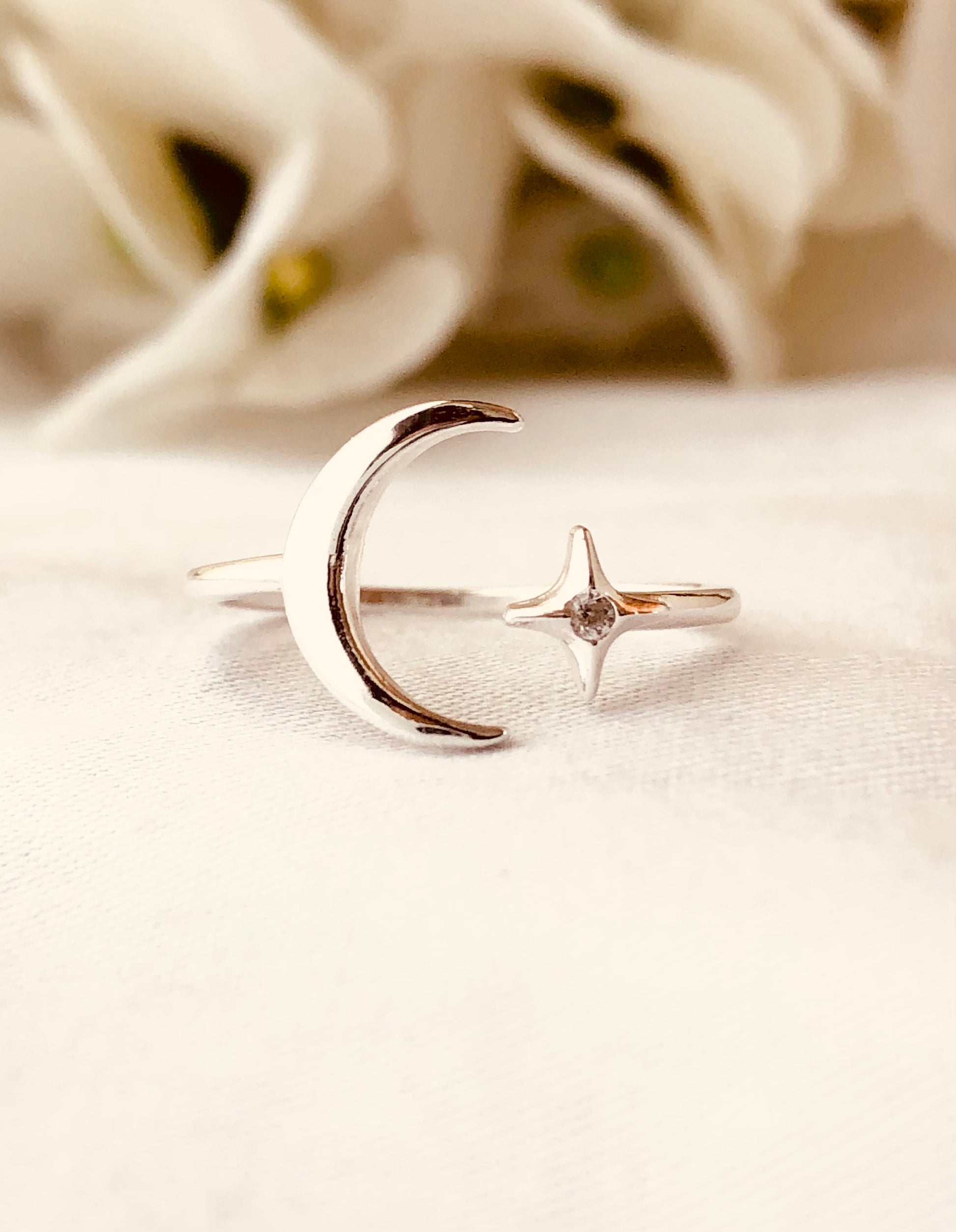 Moon And Star Ring, Celestial Ring, Moon and North Star, Sterling Silver Ring, Crescent Moon Ring, Holiday Gift, Adjustable Moon Ring, valentines gift, birthday gift