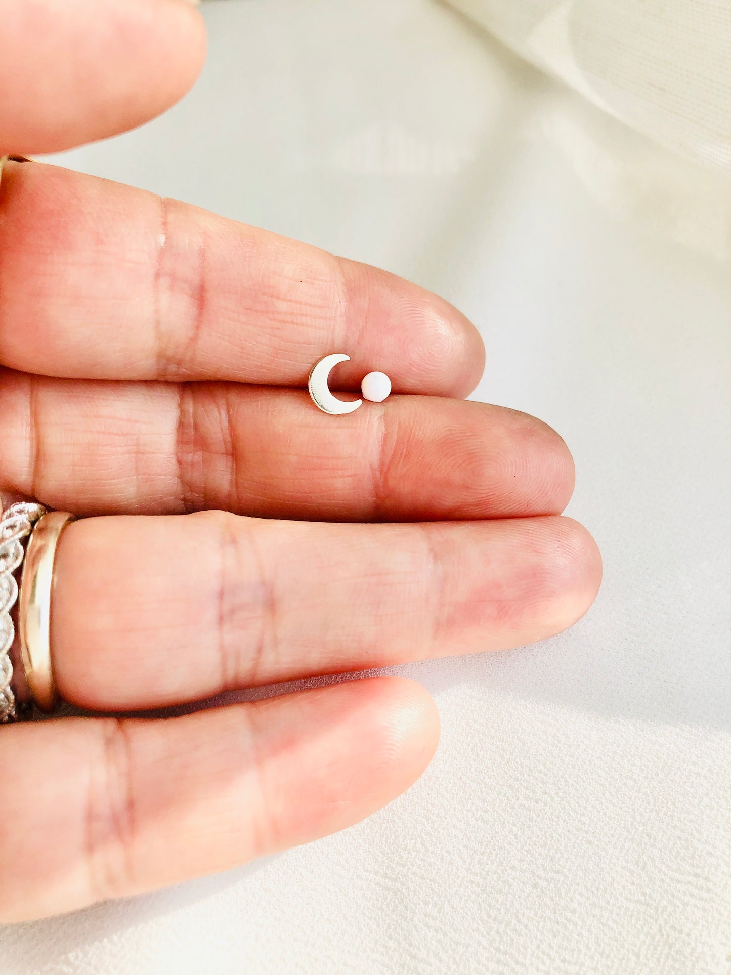 Crescent Moon and Opal Stud Earrings