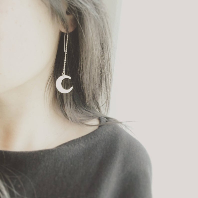 Moon and Star Ear Threader, Ear Thread, Dangling Star and Moon Earrings, In Gold, Silver & Rose Gold, Star and Moon Earrings, Mothers Day Gift, Gift For her