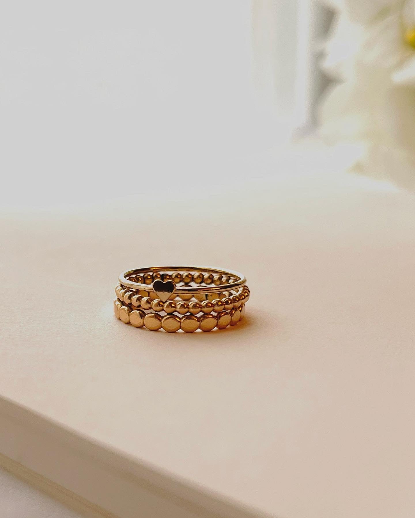 Tiny Heart Ring Set, Stacking Ring Set, Set Of 3, 14K Gold Filled Stackable Rings, Beaded Ring, Hammered Band, Ready-To-Ship