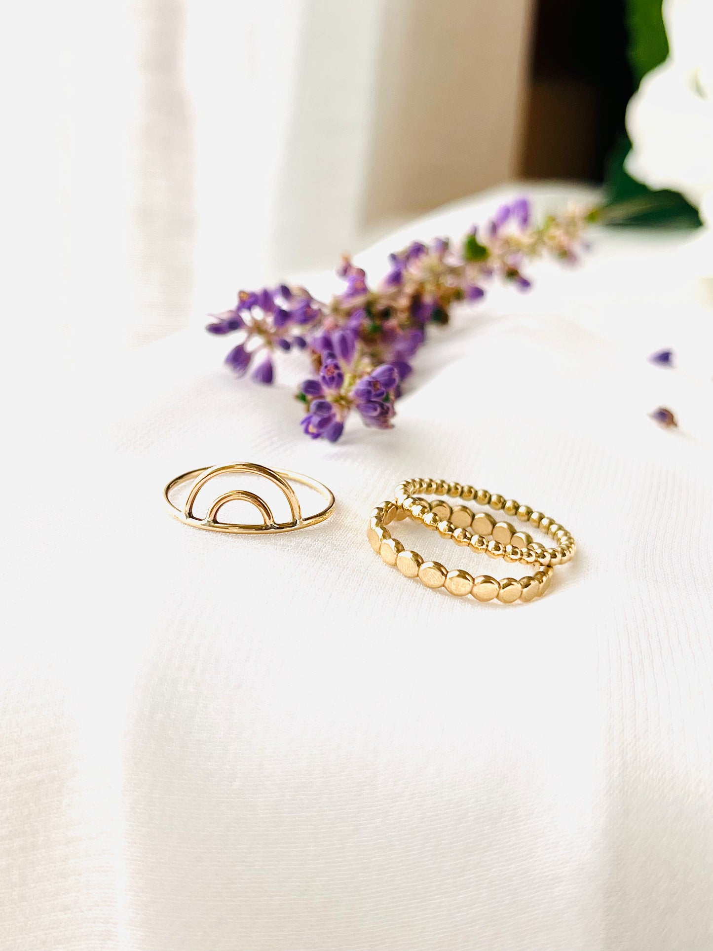 Rainbow Ring Set, 25% OFF Stacking Ring Set, Set Of 3, 14K Gold Filled Stackable Rings, Beaded and Hammered Band, Everyday Stacking Ring Set