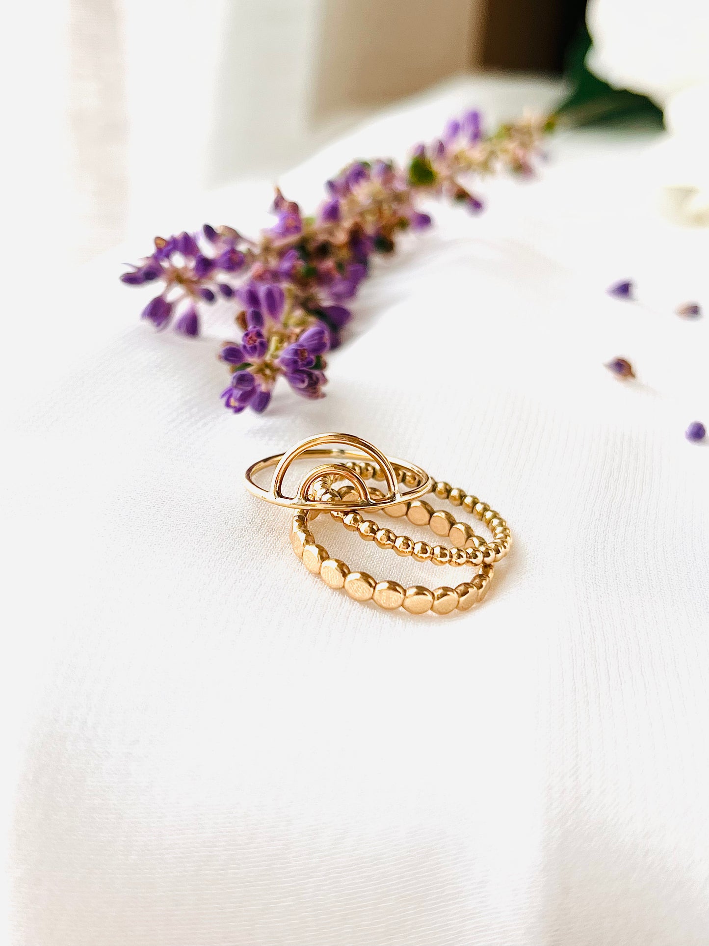 Rainbow Ring Set, 25% OFF Stacking Ring Set, Set Of 3, 14K Gold Filled Stackable Rings, Beaded and Hammered Band, Everyday Stacking Ring Set