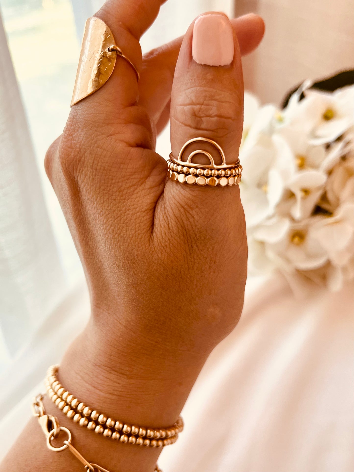 Rainbow Ring Set, Stacking Ring Set, Set Of 3, 14K Gold Filled Stackable Rings, Beaded and Hammered Band, Everyday Stacking Ring Set, 14k gold filled rings