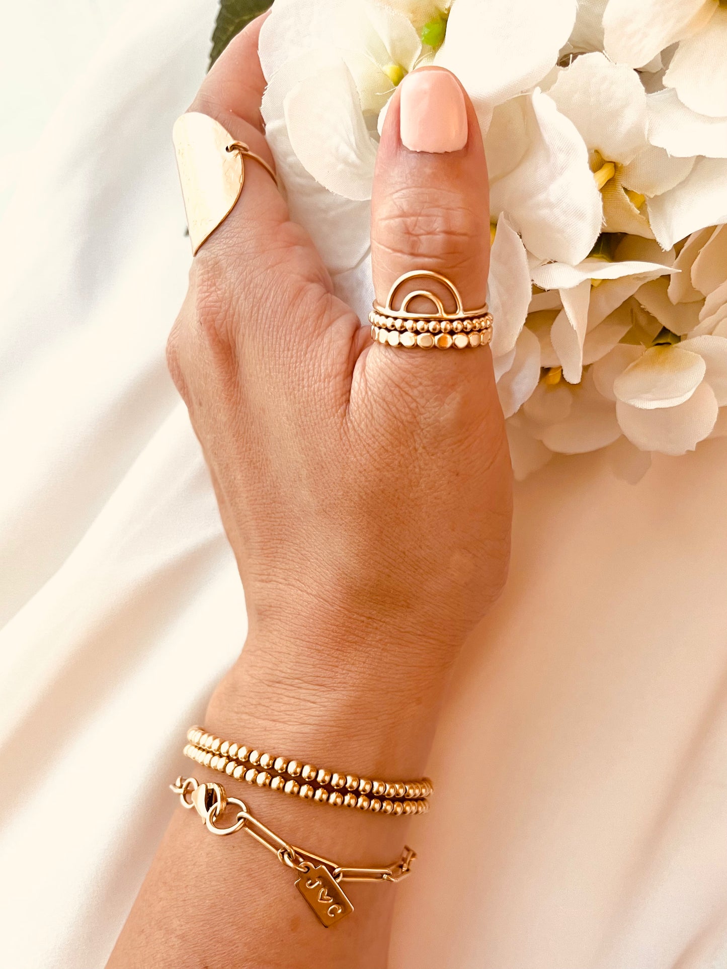 Rainbow Ring Set, 25% OFF Stacking Ring Set, Set Of 3, 14K Gold Filled Stackable Rings, Beaded and Hammered Band, Everyday Stacking Ring Set