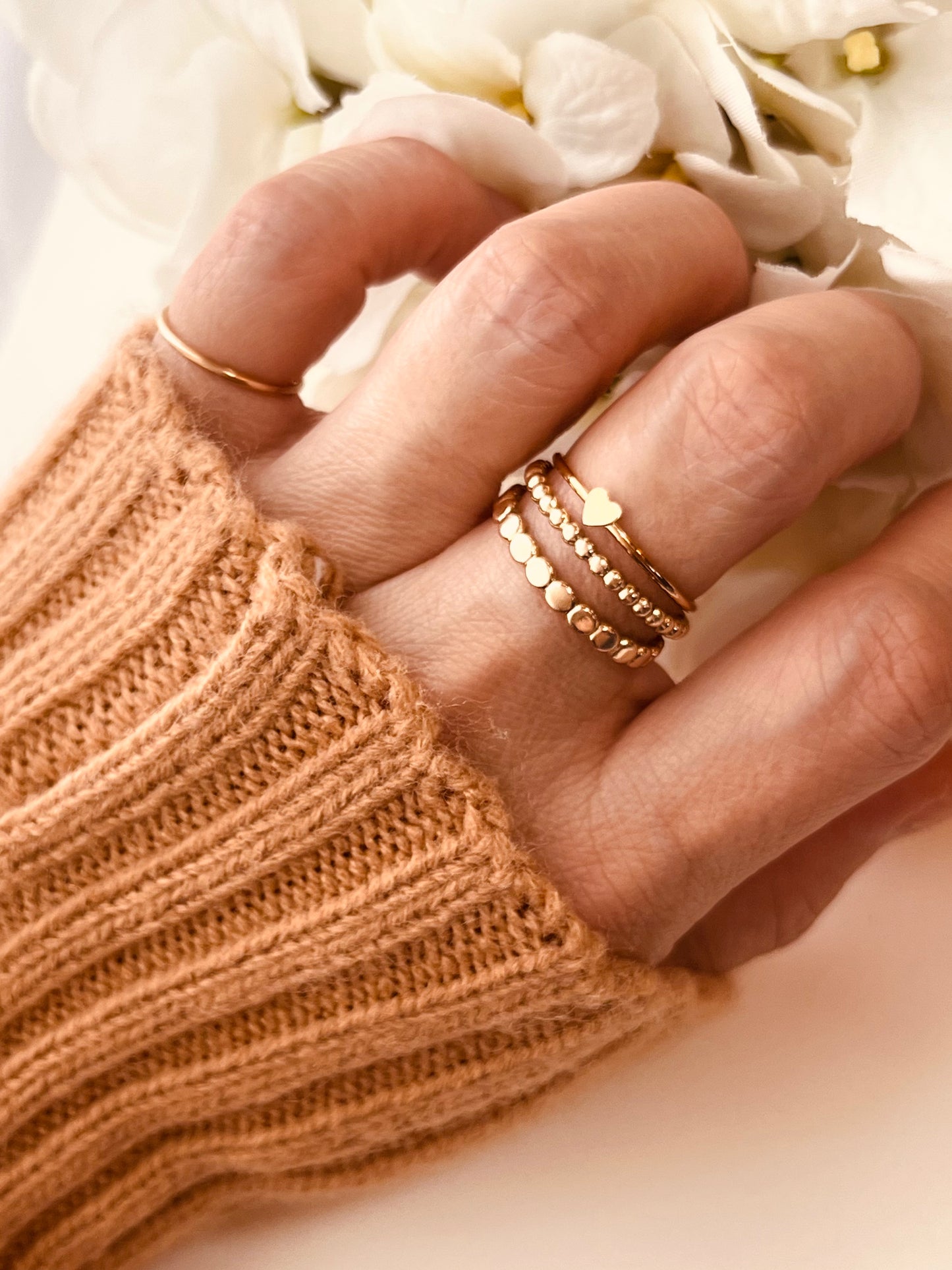 Tiny Heart Ring Set, Stacking Ring Set, Set Of 3, 14K Gold Filled Stackable Rings, Beaded Ring, Hammered Band, Ready-To-Ship