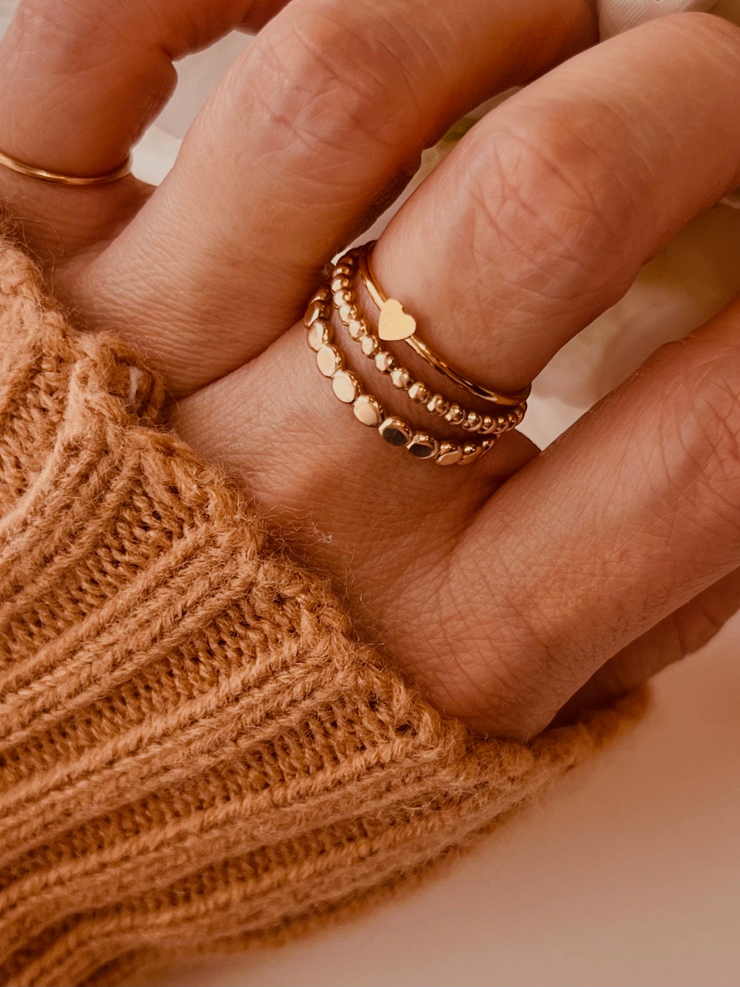 Tiny Heart Ring Set, Stacking Ring Set, Set Of 3, 14K Gold Filled Stackable Rings, Beaded Ring, Hammered Band, Ready-To-Ship