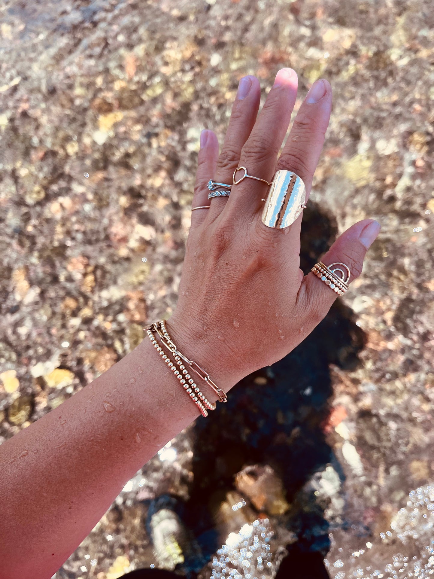 25% OFF 14K Gold Filled Stacking Ring Set, Set Of 3, Stackable Rings, Rainbow Ring, Beaded and Hammered Band, Everyday Stacking Ring Set