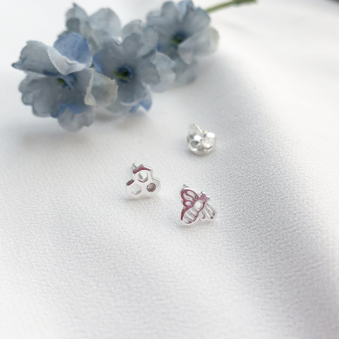 Bee Stud Earrings, Bee and Honeycomb Earrings, Bee Earrings, Mismatched Studs, Bee Jewelry, Honeycomb Jewelry, Gift for Bee Lover, Gift for her,