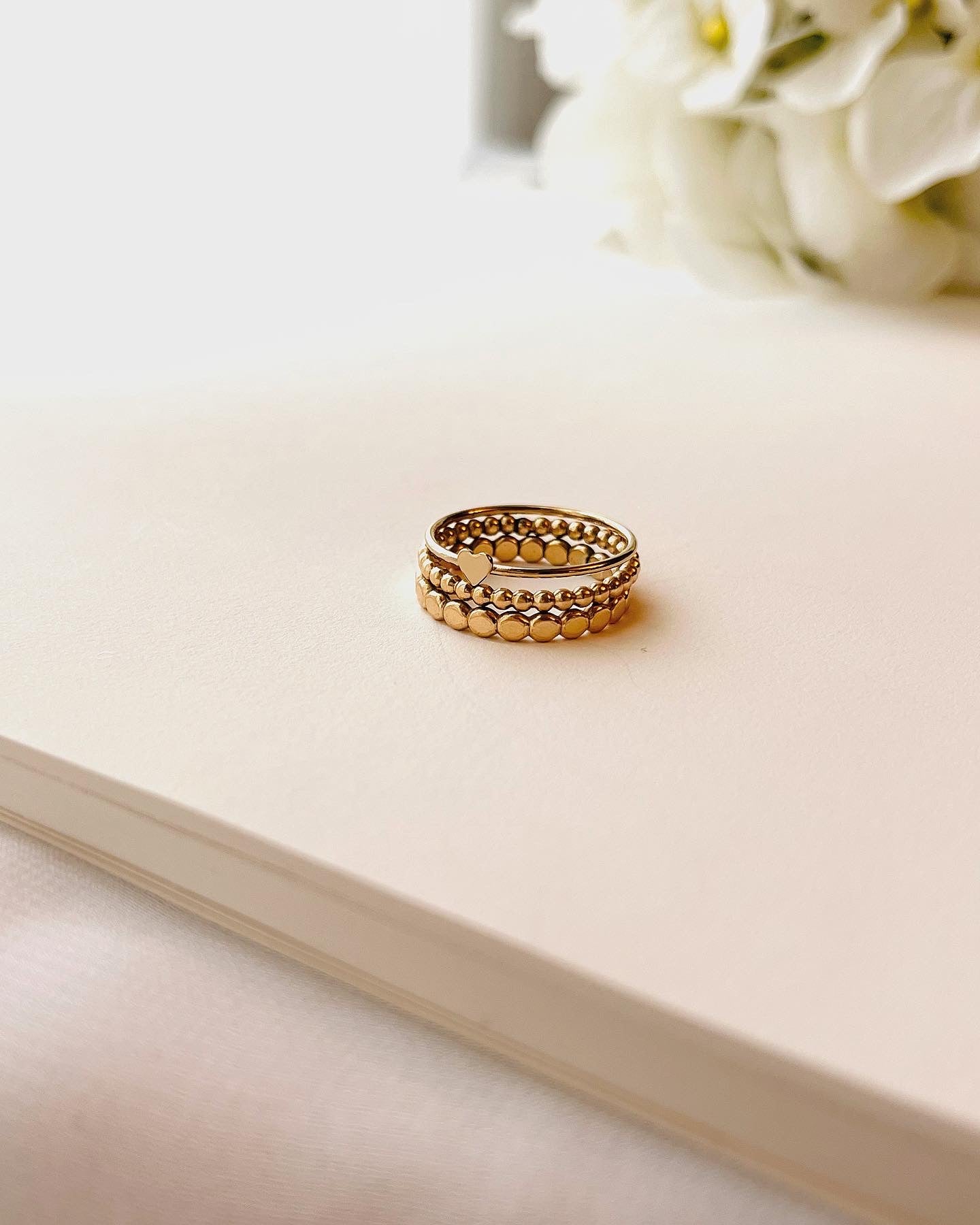 Tiny Heart Ring Set, Stacking Ring Set, Set Of 3, 14K Gold Filled Stackable Rings, Beaded Ring, Hammered Band, Ready-To-Ship