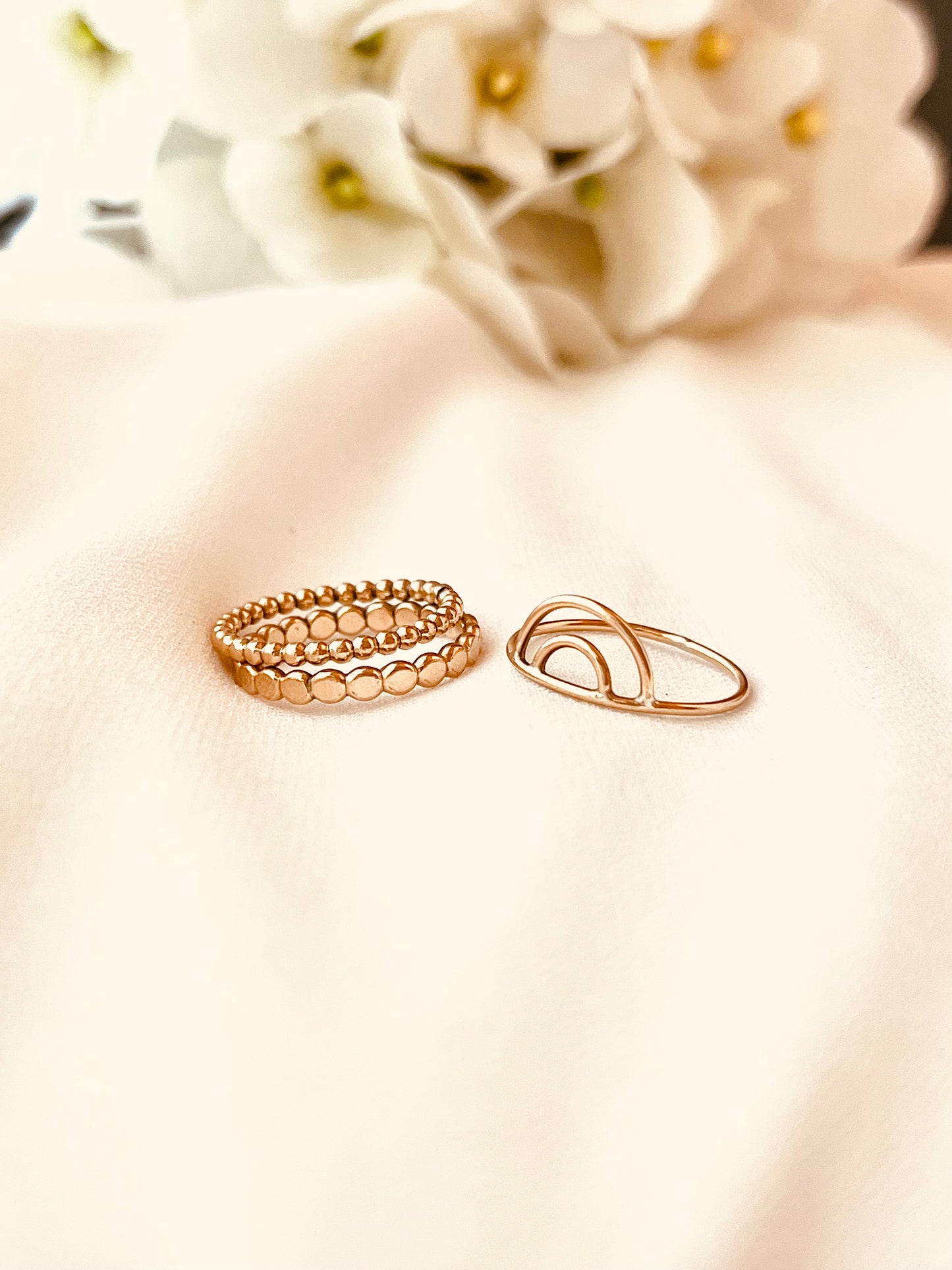 Rainbow Ring Set, 25% OFF Stacking Ring Set, Set Of 3, 14K Gold Filled Stackable Rings, Beaded and Hammered Band, Everyday Stacking Ring Set