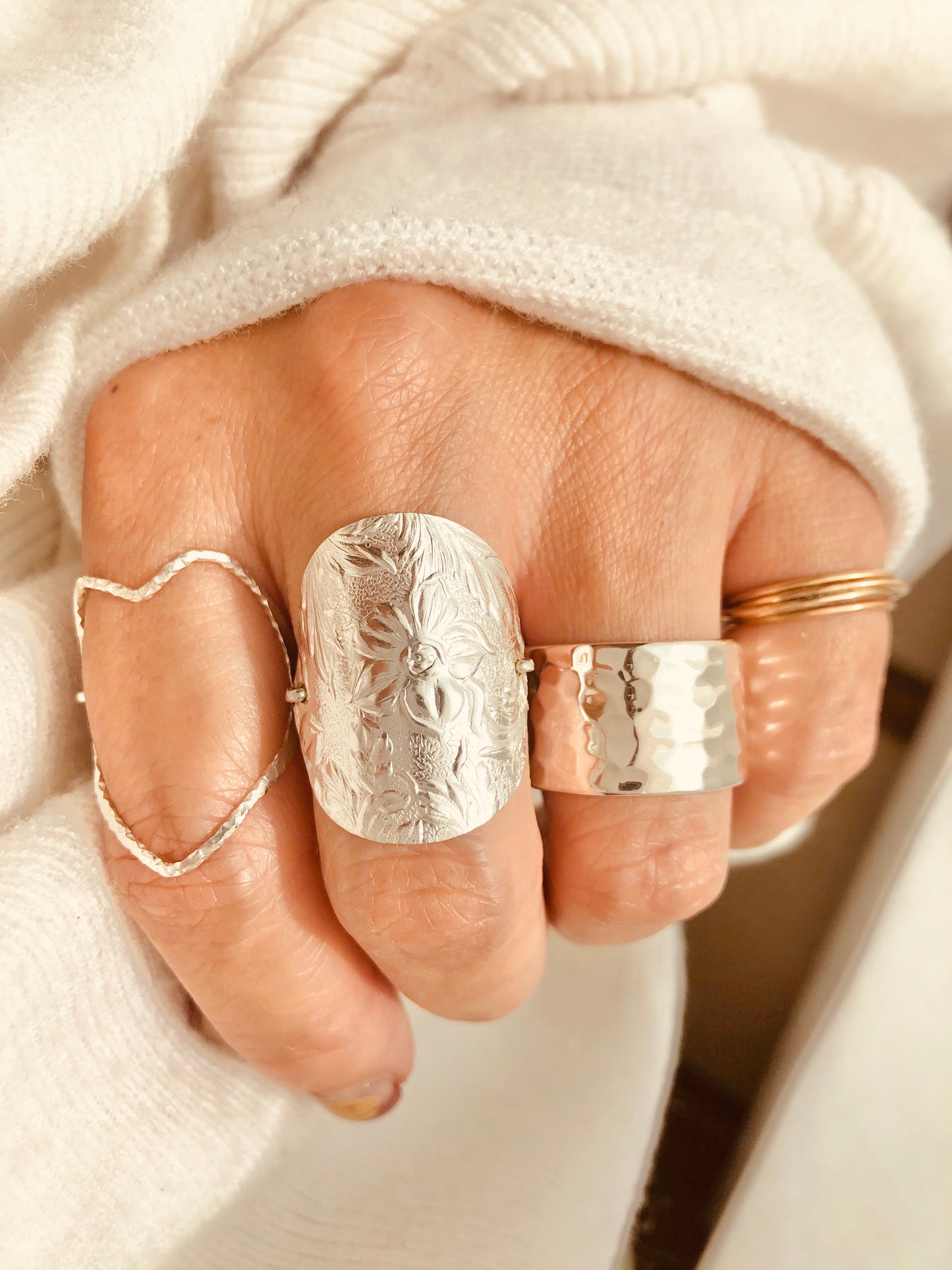 Mother’s Day Gift, Floral Disc Ring, Silver Hammered Ring, Circle Ring, Sterling Silver Ring, Silver Statement Ring, Textured Silver Ring