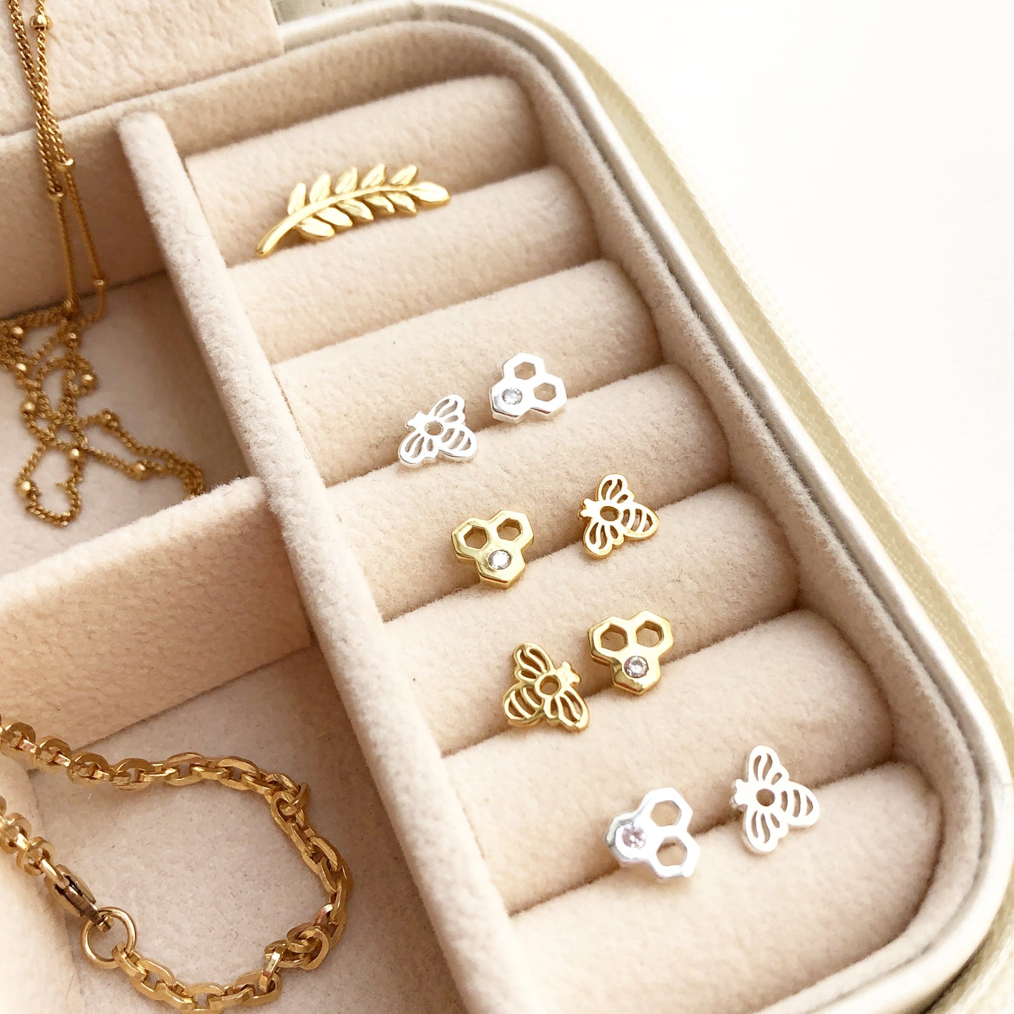 Bee Stud Earrings, Bee and Honeycomb Earrings, Bee Earrings, Mismatched Studs, Bee Jewelry, Honeycomb Jewelry, Gift for Bee Lover, Mothers Gift, Coco Wagner Jewelry, Gift For Her, Gift Ideas, Birthday Gift, Anniversary Gift, Christmas Gift Ideas, Minimalist Jewelry, Everyday Jewelry,