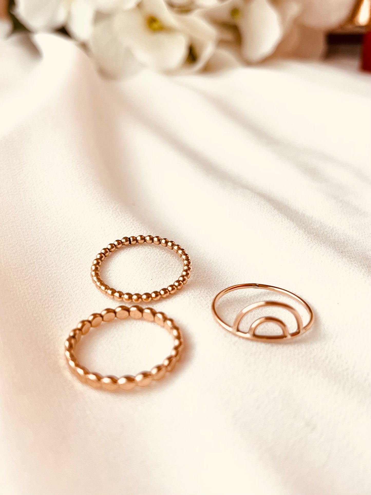 25% OFF 14K Gold Filled Stacking Ring Set, Set Of 3, Stackable Rings, Rainbow Ring, Beaded and Hammered Band, Everyday Stacking Ring Set