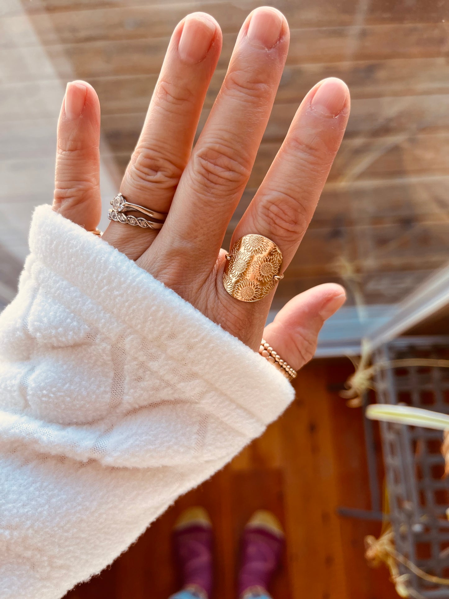 Rustic Sunflower Birth Flower Ring – Gold Filled Floral Signet Ring