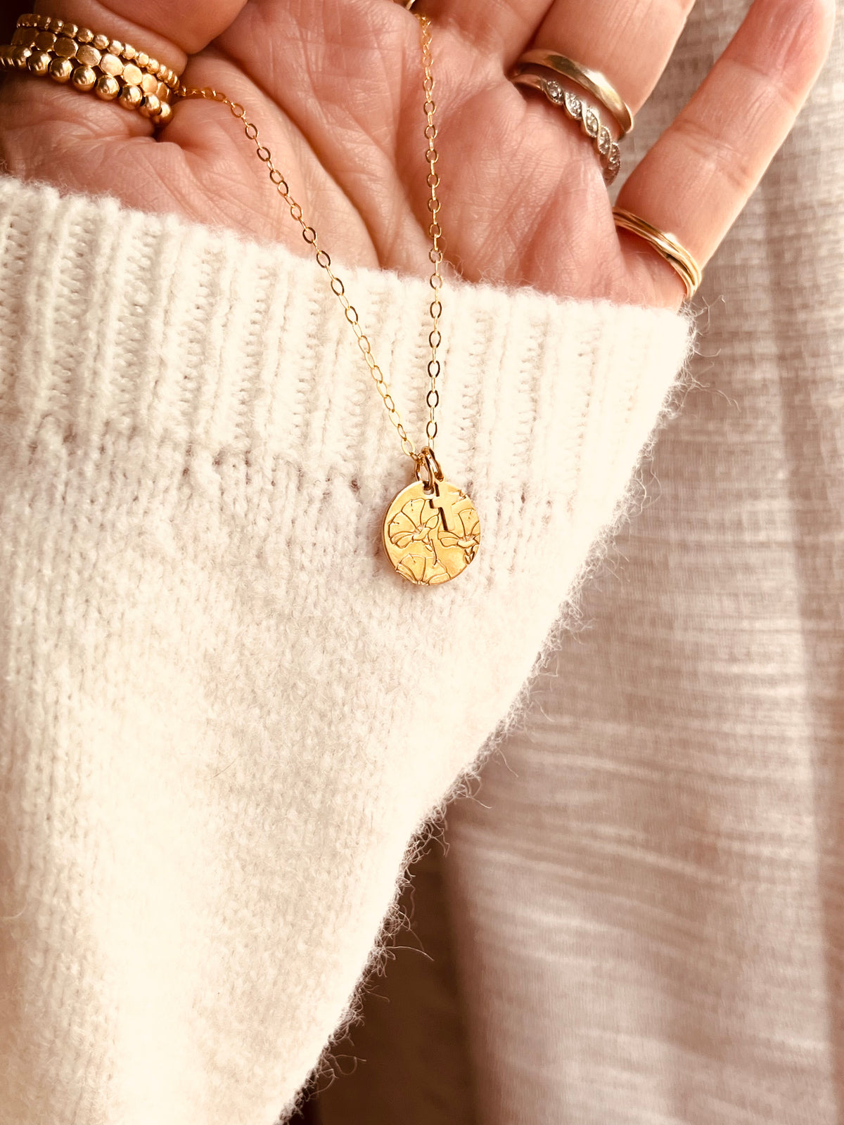 Dainty birth flower and cross necklace in 14K gold filled for everyday wear