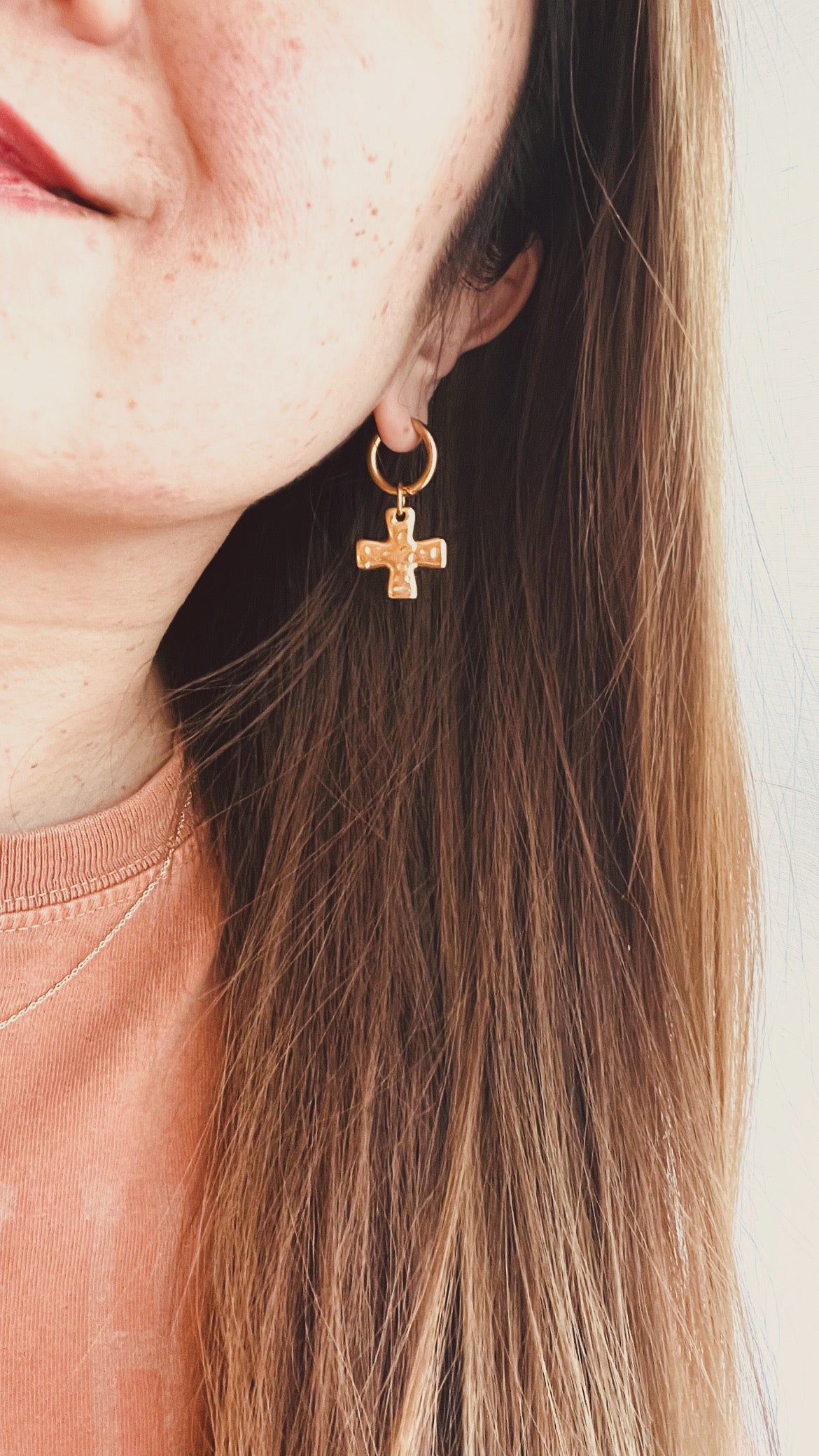Cross Drop Hoop Earrings | Waterproof Gold Hoop Earrings | Christian Jewelry
