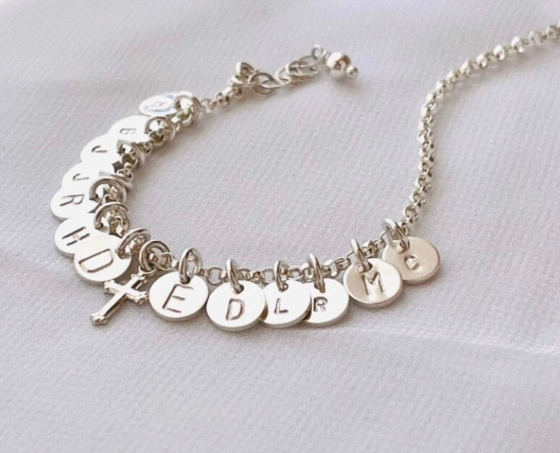 sterling silver initial bracelet, personalized charm bracelet, hand stamped bracelet, custom sterling silver bracelet, initial charm bracelet, personalized jewelry, mom charm bracelet, family initial bracelet, personalized gift for mom, sterling silver charm jewelry, custom initial jewelry, handmade charm bracelet