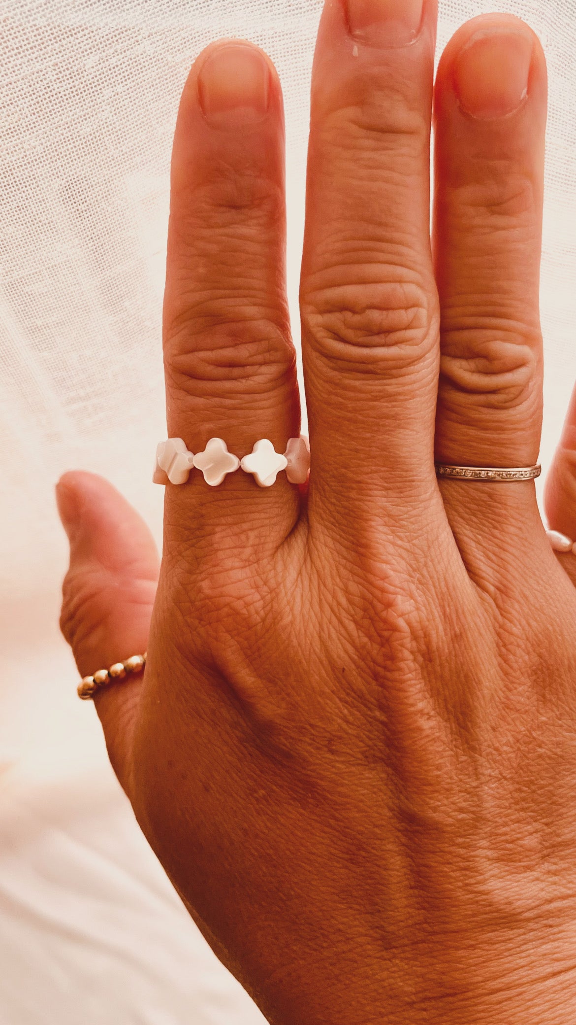 Mother of Pearl Clover Stretch Ring | Dainty Stackable Elastic Ring