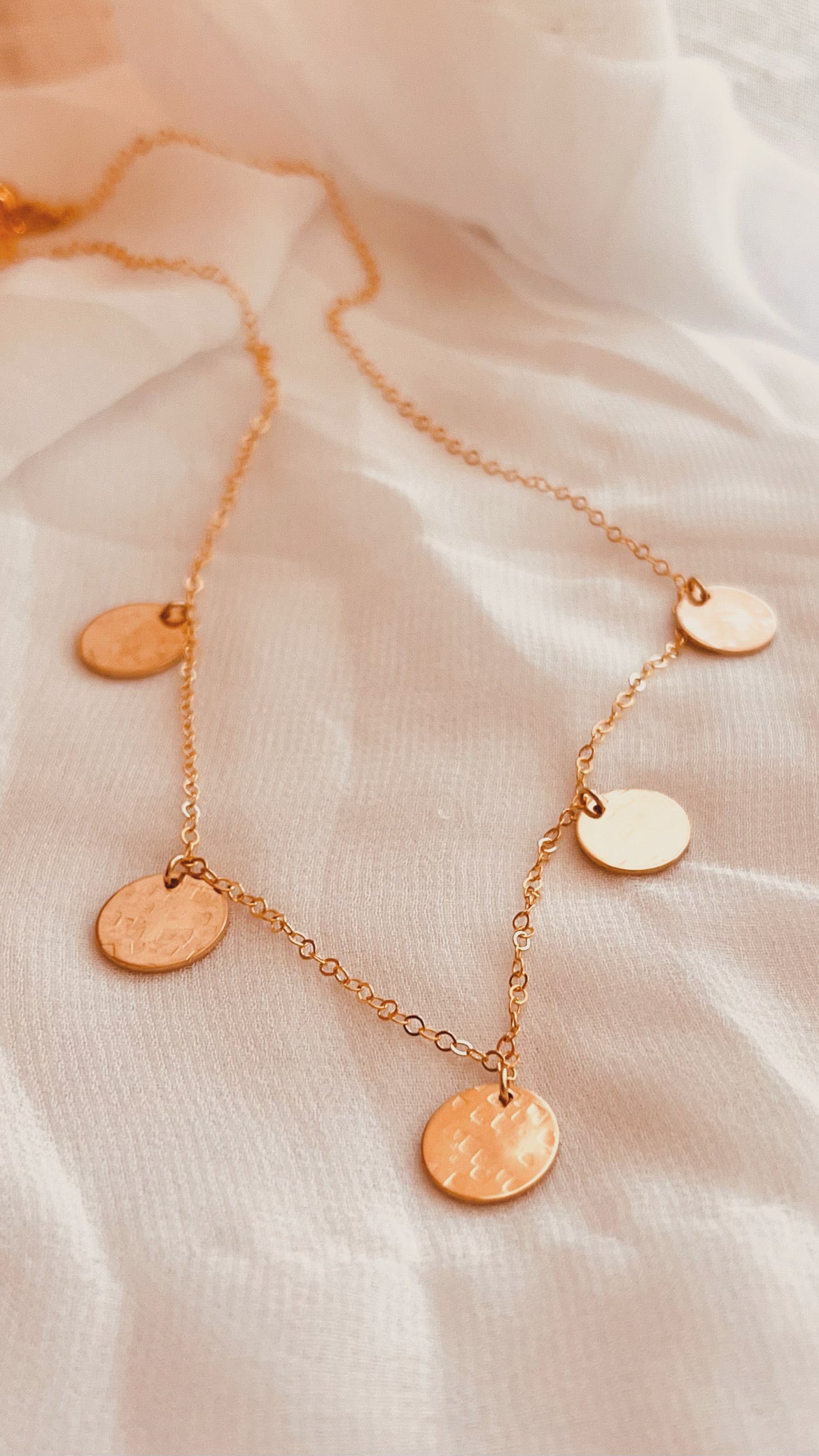 five coin necklace, gold disc necklace, minimal necklace, everyday jewelry, office jewelry, layering necklace, gold filled necklace, handmade necklace, dainty necklace, waterproof jewelry, timeless gift, simple gold necklace