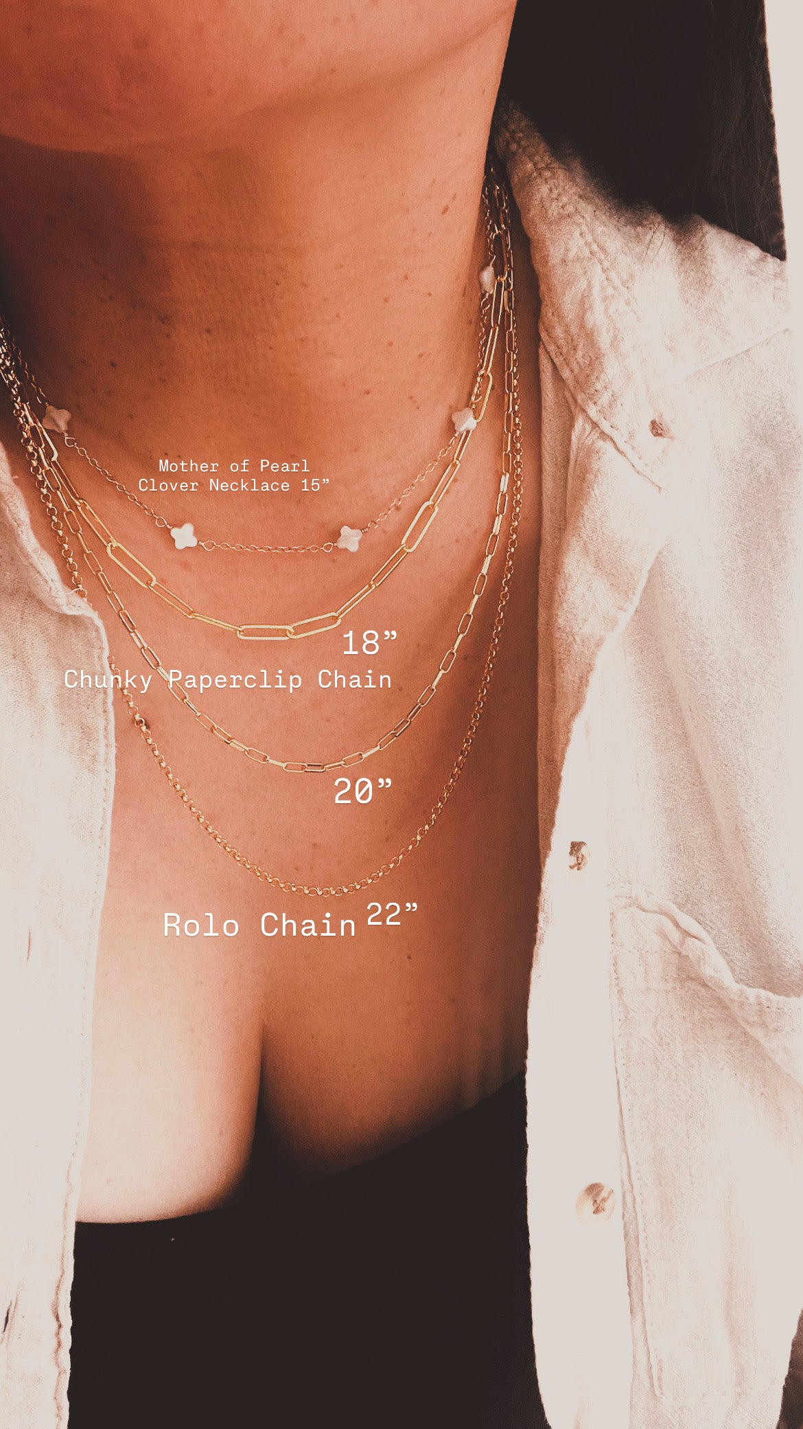 Layered necklace
Layering chains
Gold filled necklace
14k gold filled jewelry
Paperclip chain
Chunky paperclip chain
Rolo chain necklace
Mother of pearl necklace
Clover necklace
Pearl charm necklace
Custom charm necklace
Charm holder necklace
Gift for her
Holiday jewelry gift
Christmas gift for women
Everyday gold jewelry
Minimalist necklace
Boho layered necklaces