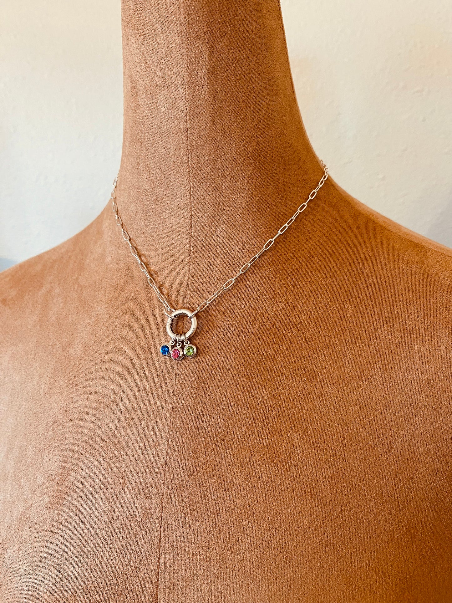 Personalized Sterling Silver Birthstone Necklace, Multi Stone Charm Necklace