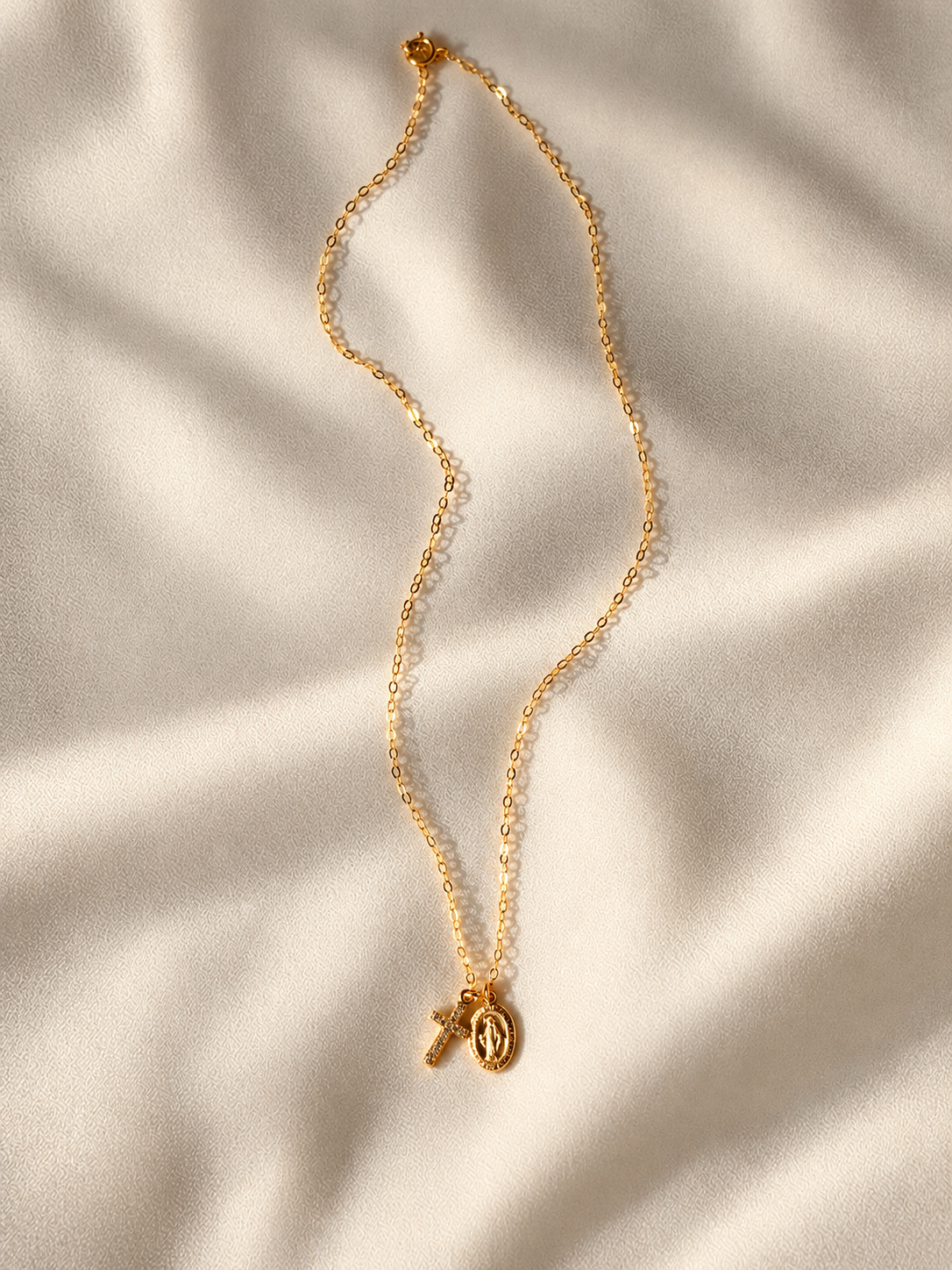 14K Gold Filled Virgin Mary & Cross Necklace | Dainty Jewelry