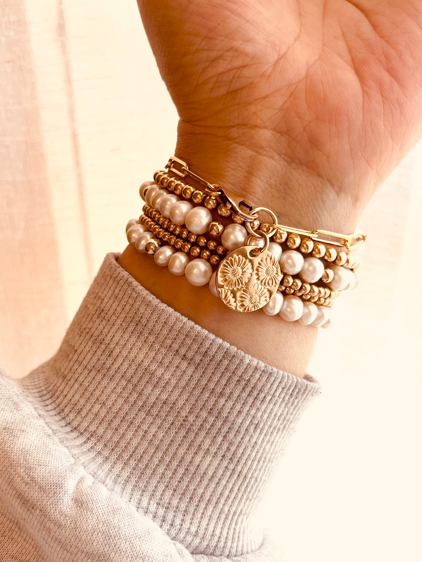 Freshwater Pearl Birth Flower Bracelet – Personalized Flower Disc Bracelet