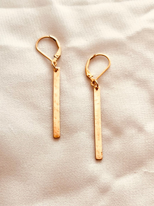 14K Gold Filled Hammered Bar Drop Earrings | Dainty Leverback Minimalist Earrings