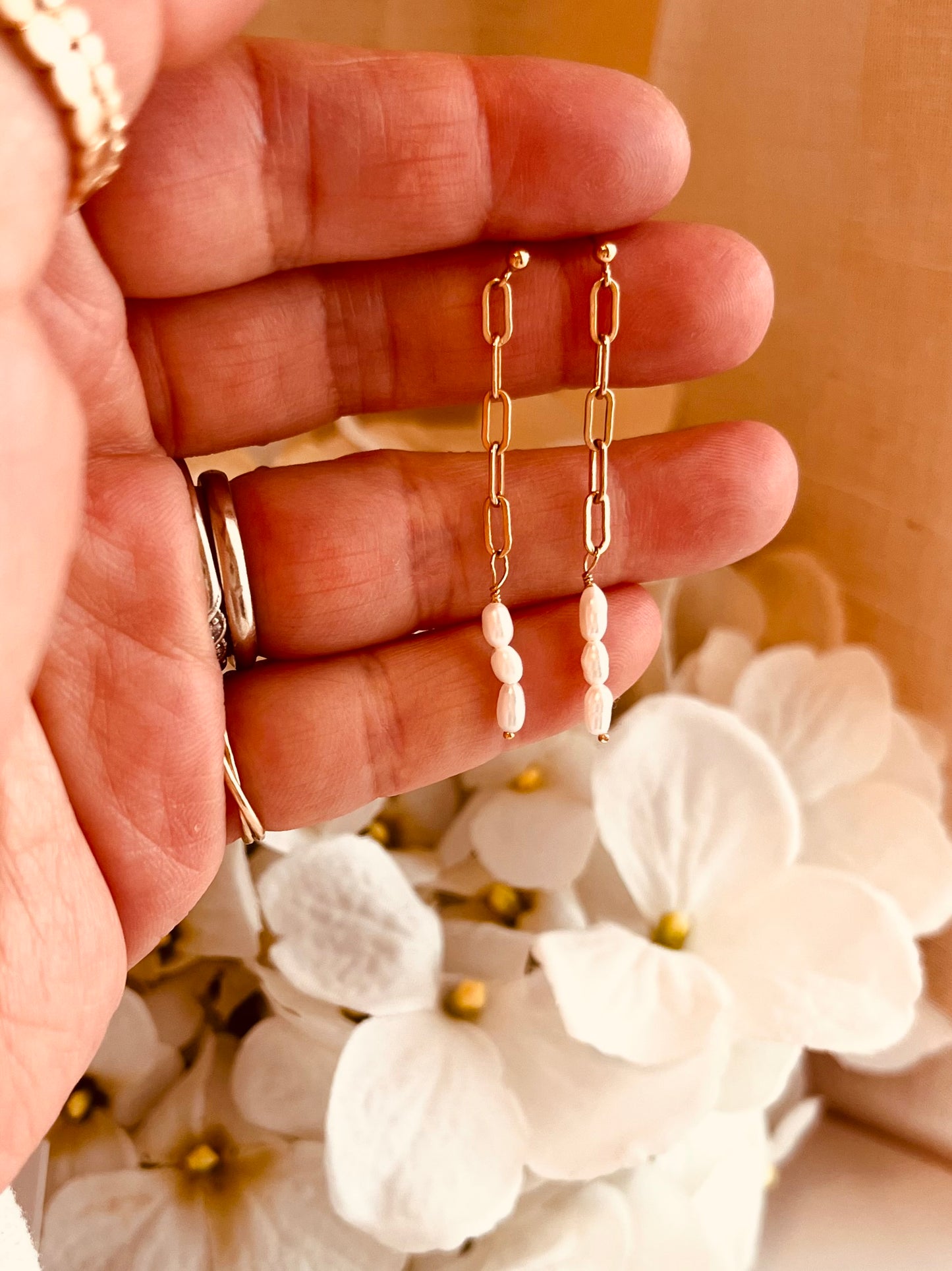 Pearl Chain Earrings | 14K Gold Filled Dangle Earrings | Minimal Bridal Jewelry