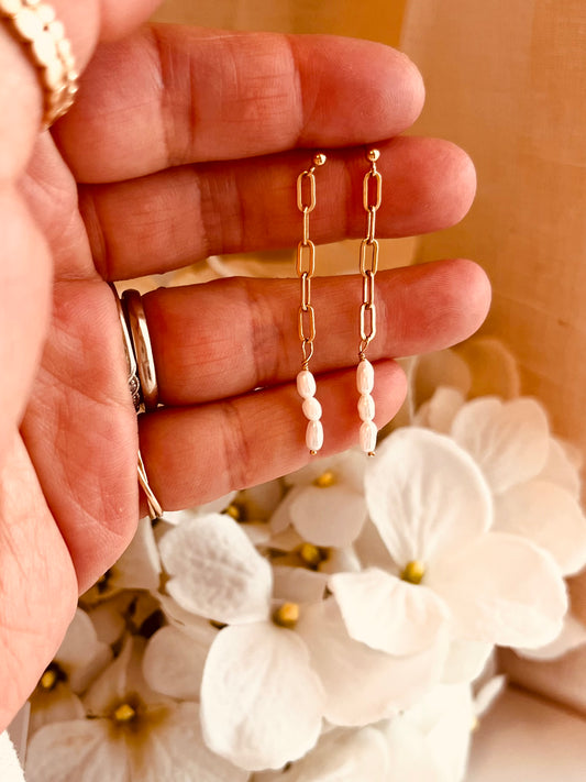 Only One Pair – Minimal Pearl Chain Earrings, 14k Gold Filled