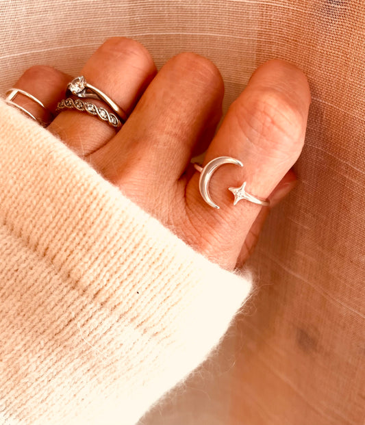 Moon And Star Ring, Celestial Ring, Moon and North Star, Sterling Silver Ring, Crescent Moon Ring, Holiday Gift, Adjustable Moon Ring, Gift For Her, Moon and Star, silver ring, Birthday Gift for Her, thanksgiving gifts, Christmas present, Valentines gift, mothers gift 