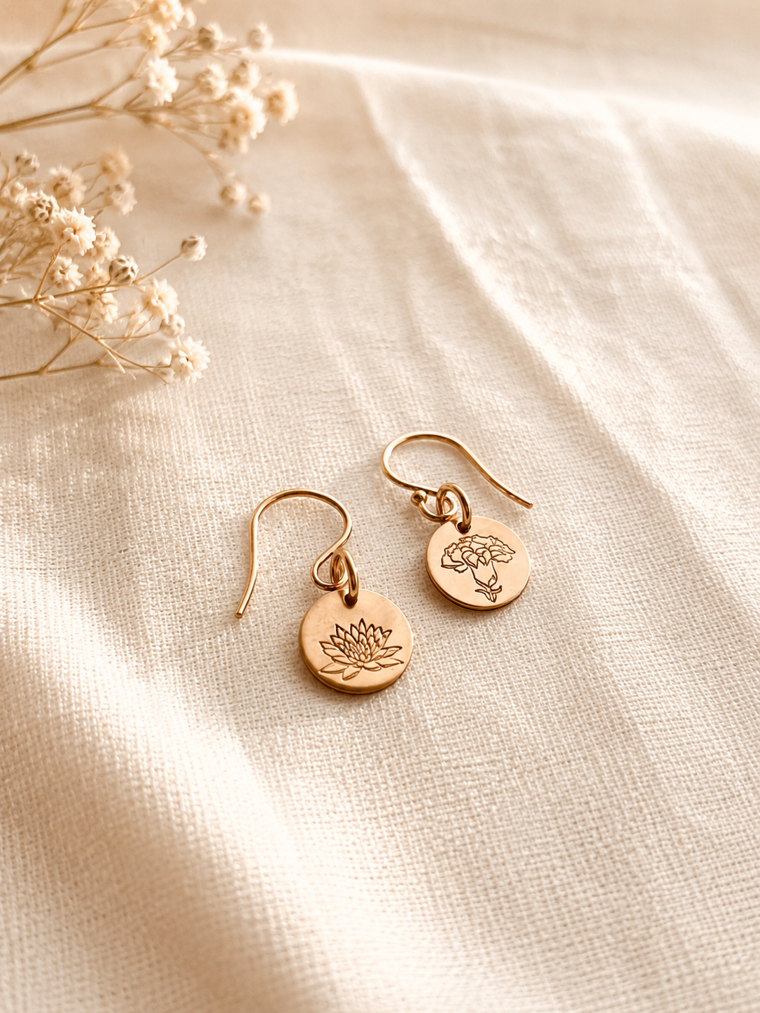  Personalized 11mm birth flower disc drop earrings in 14K gold filled