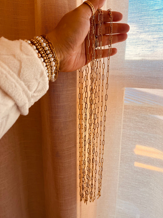 Golden Paperclip Layered Necklace – 30” Statement Chain