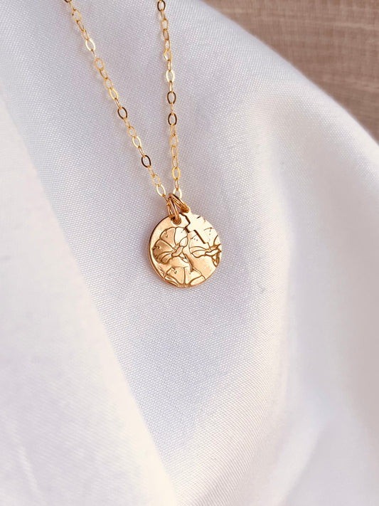Personalized 14K gold-filled birth flower necklace with a tiny cross charm