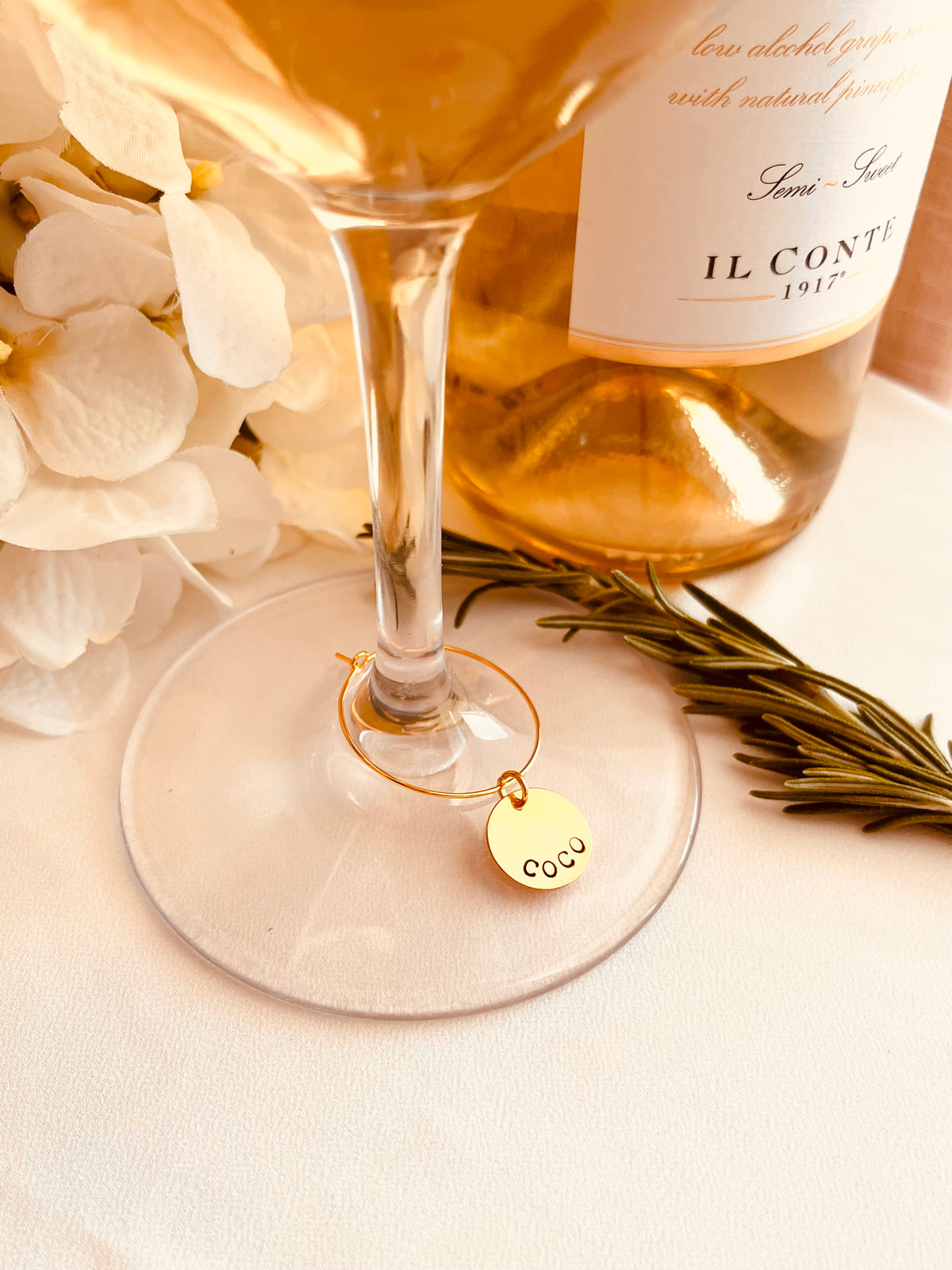 Gold Personalized Wine Glass Tags, Custom Name Wine Charms, Hand Stamped Gift for Weddings, Parties & Holidays