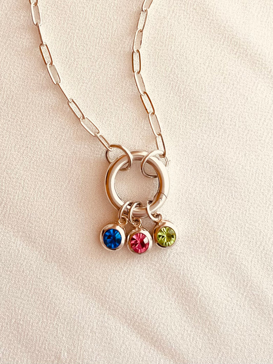 Personalized Sterling Silver Birthstone Necklace, Multi Stone Charm Necklace, Family Gift for Mom, Dainty Waterproof Jewelry