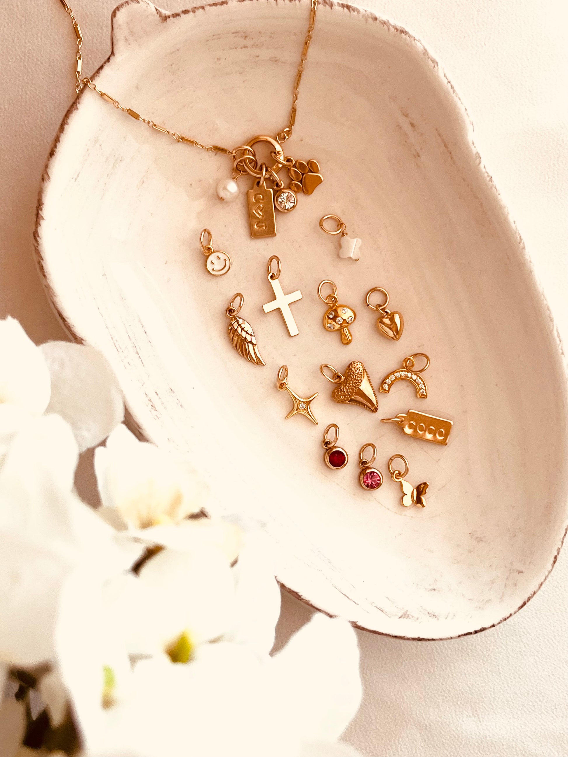 charm holder necklace, gold filled necklace, 14k gold filled jewelry, personalized necklace, dainty gold necklace, layering necklace, handmade jewelry, everyday necklace, minimalist jewelry, charm necklace, custom necklace, gift for her, holiday gift ideas, christmas gift, birthday gift, anniversary gift, pet lover jewelry, paw charm, pearl drop, initial tag, coco wagner design, made in wyoming, mountain studio jewelry