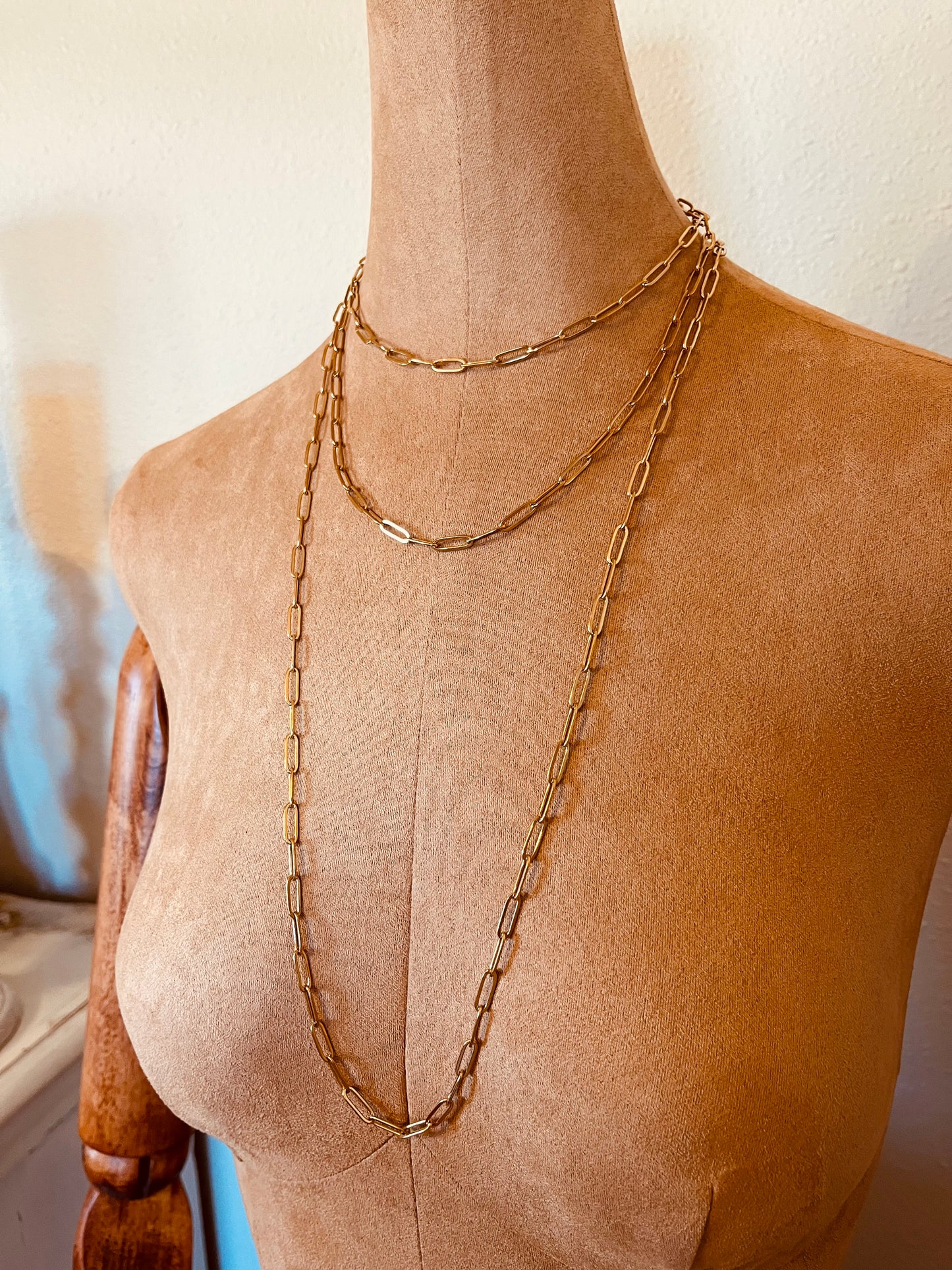 Golden Paperclip Layered Necklace – 30” Statement Chain