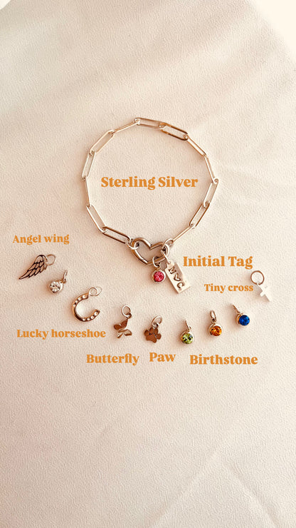 Sterling Silver heart bracelet, charm holder bracelet, sterling silver bracelet, charms, valentines gift for her, jewelry bracelet, mothers gift, birthday gift, grandmother present, sisters gift ideas, silver bracelet, everyday jewelry, initial bracelet, valentines gift, gift ideas, bracelet, horseshoe jewelry, paw, cross, birthstone 